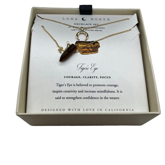 Luna Norte Tiger Eye Necklace Set 14KT Plated Brass Courage Clarity Focus New - Picture 5 of 15